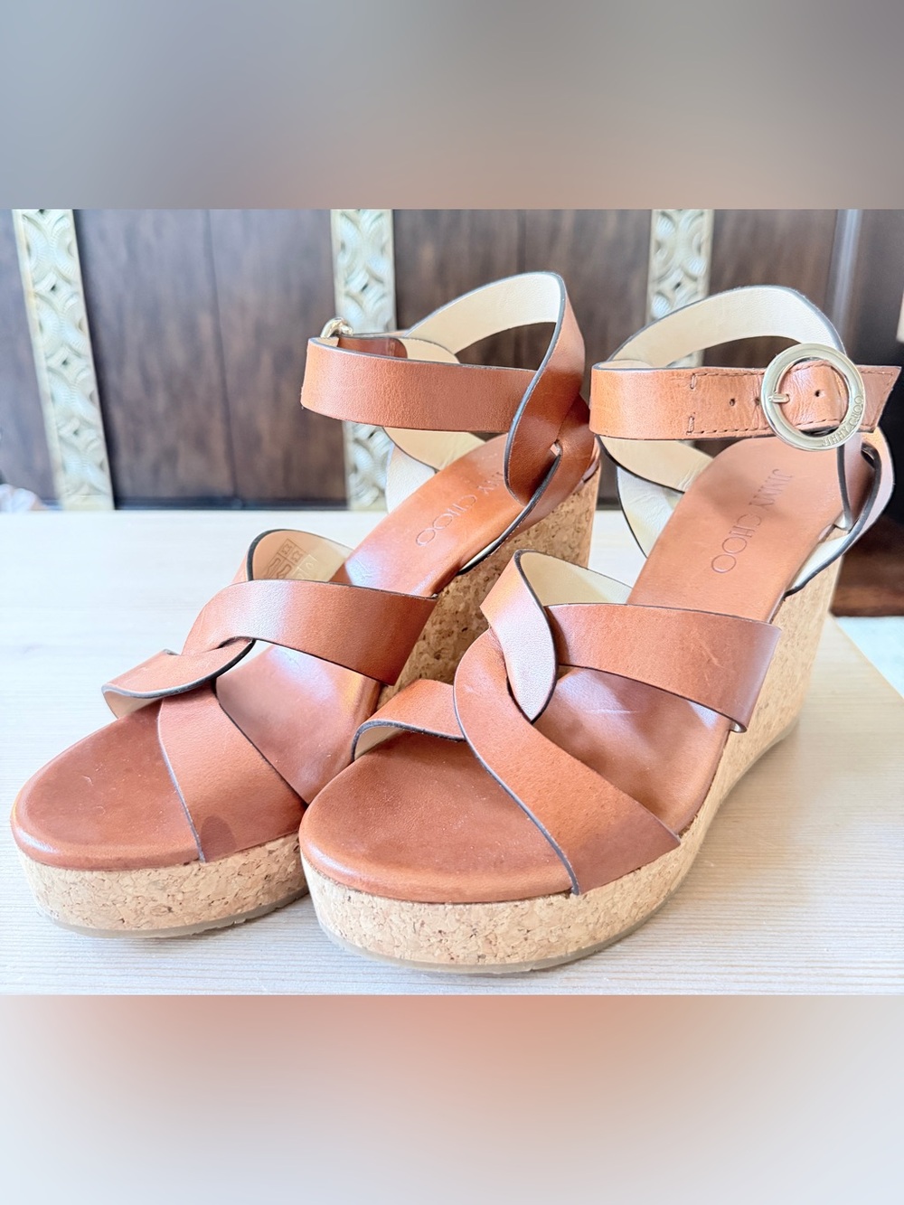 Jimmy Choo Tan Leather Wedge Sandals - EU 38.5